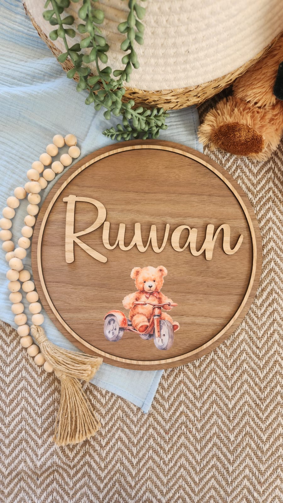 Themed round wooden name plaque (500mm)