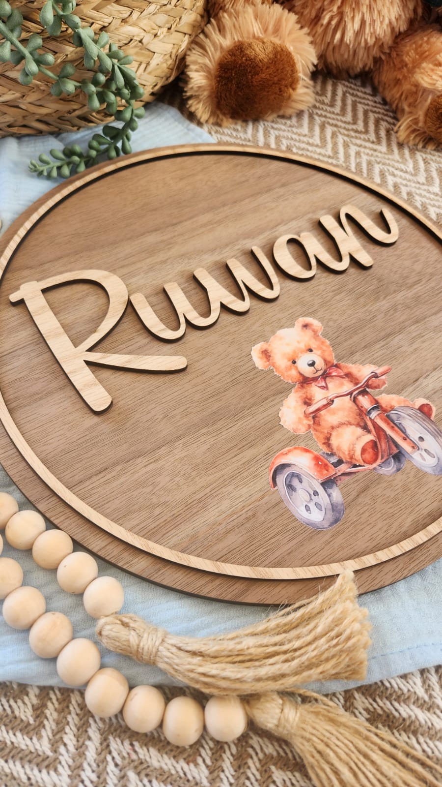 Themed round wooden name plaque (300mm)