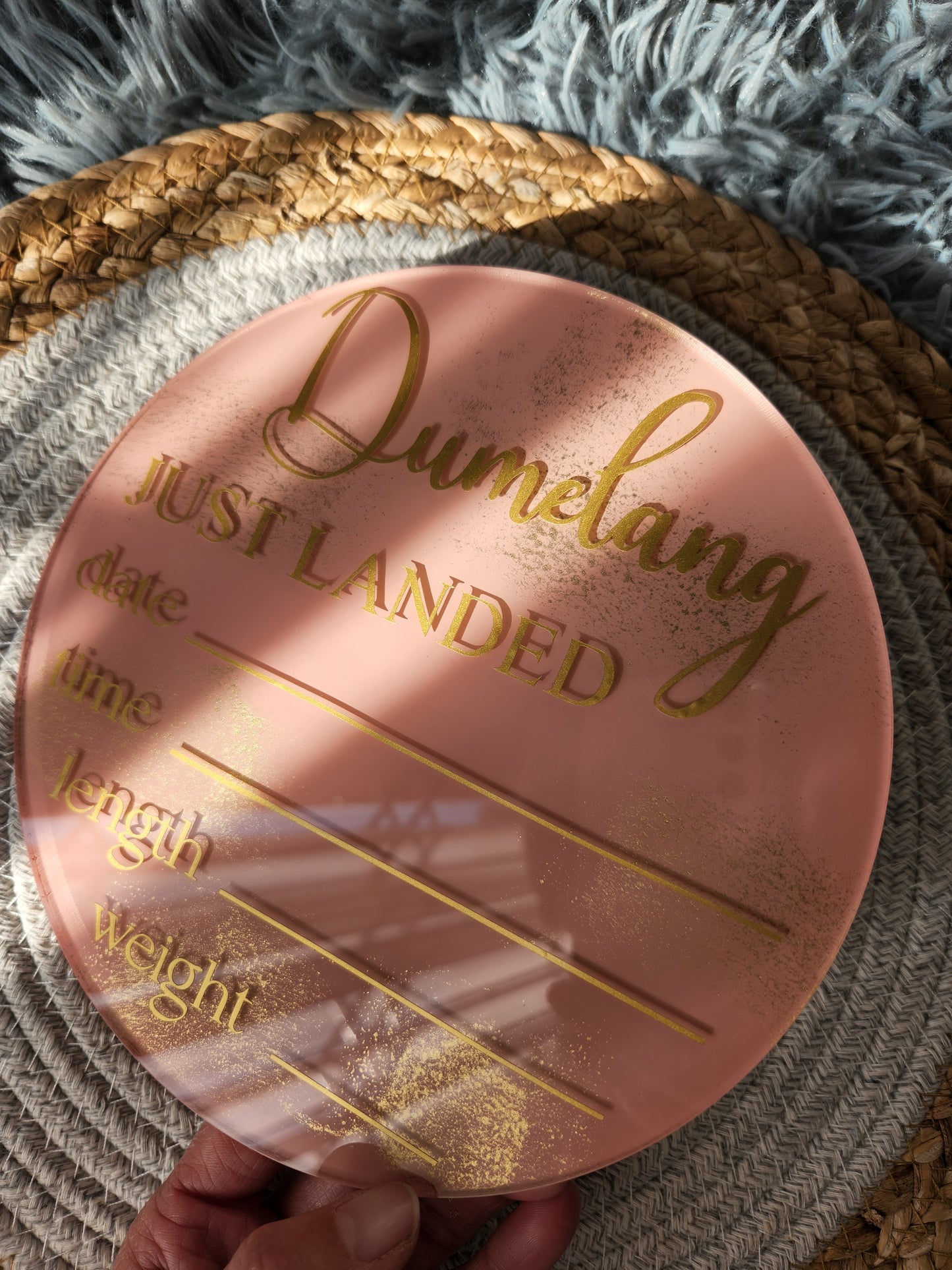 Painted acrylic and vinyl birth announcement disc