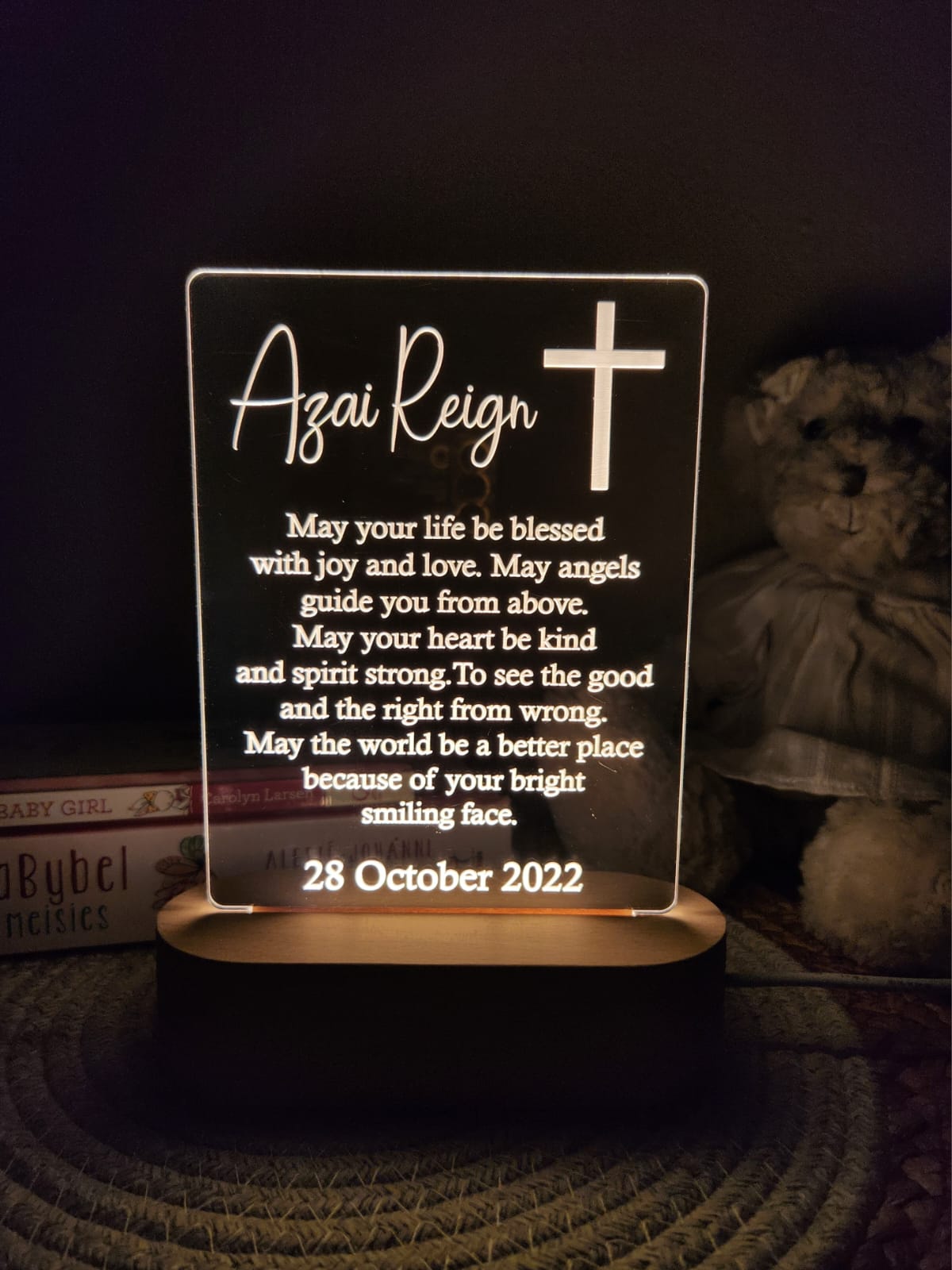 Baptism LED night lights with LED base (personalised)
