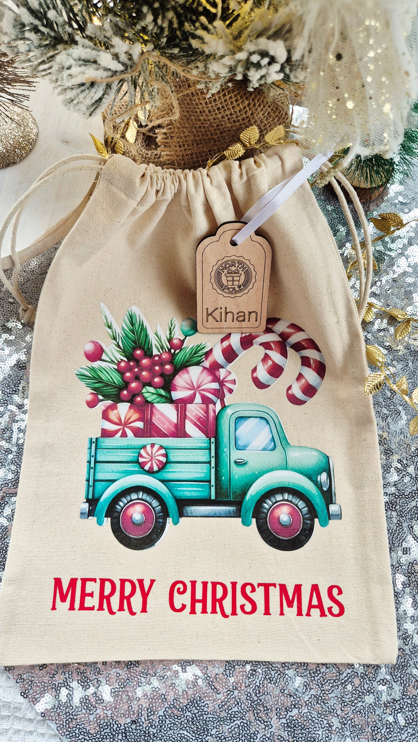 Personalised Christmas bags with tag