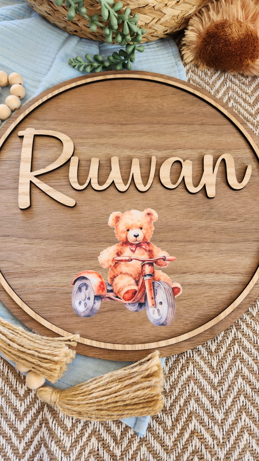 Themed round wooden name plaque (400mm)