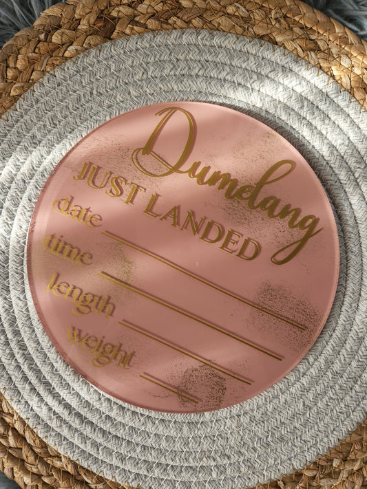 Painted acrylic and vinyl birth announcement disc
